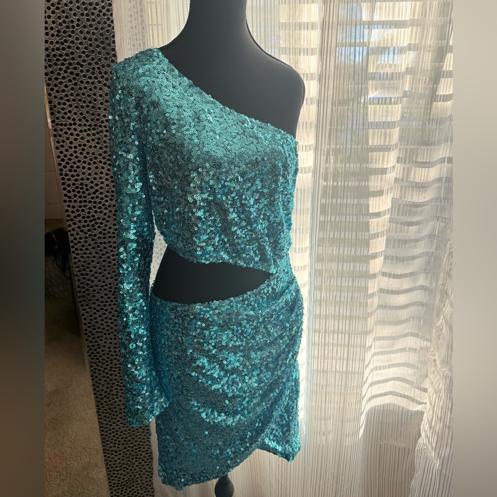 Fashion Nova Sequin Mini Dress in Aqua Blue
